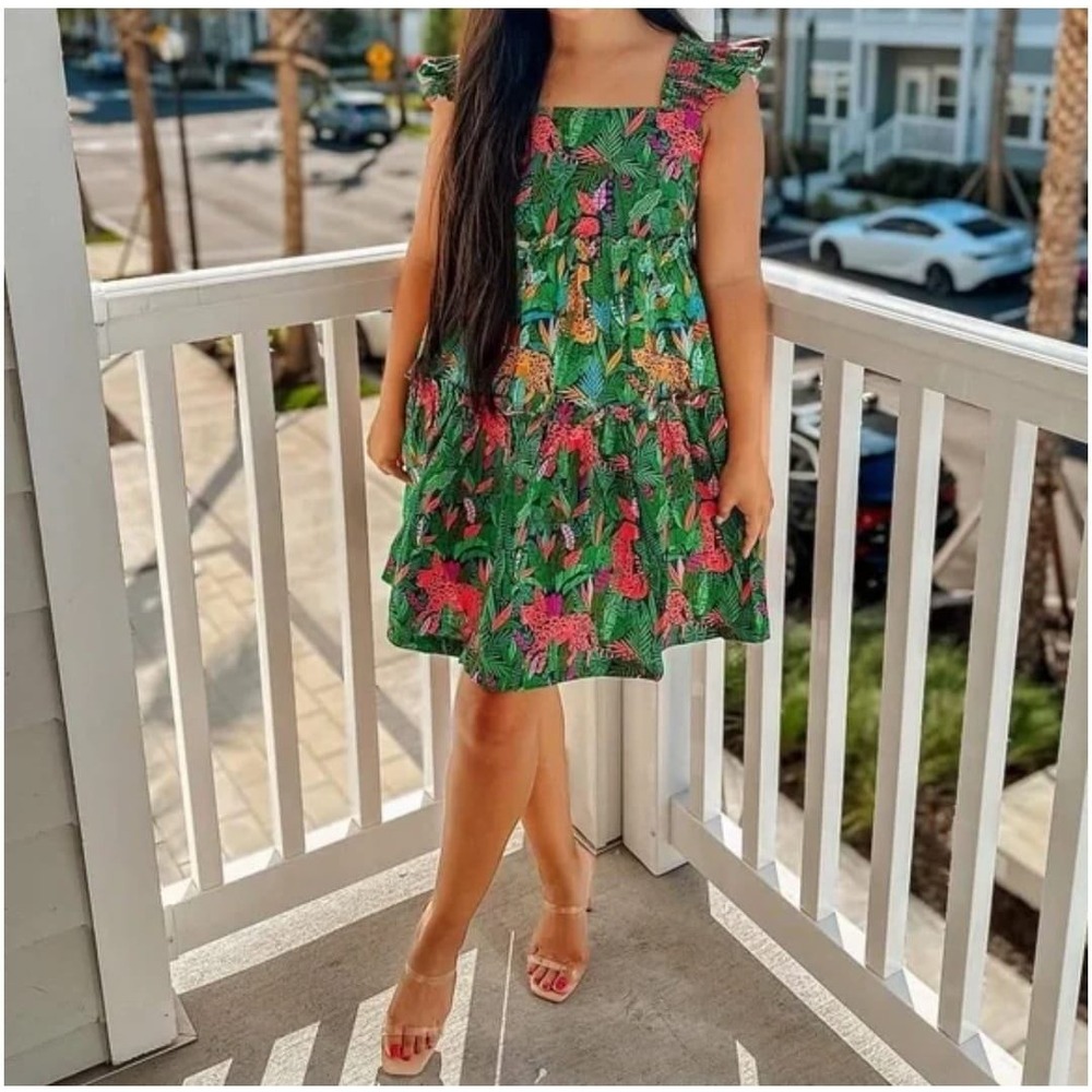 Palms Away Green Tropical Leopard Print Ruffle Sleeve Tiered‎ Mini Dress